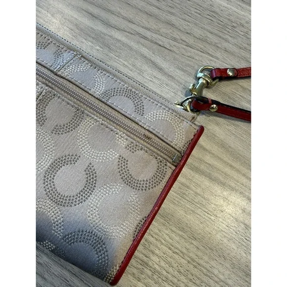 Coach Signature C Canvas Wristlet Wallet Red Leather Trim - Picture 3 of 4